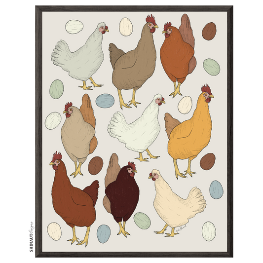 the chicken or the egg art print in black picture frames