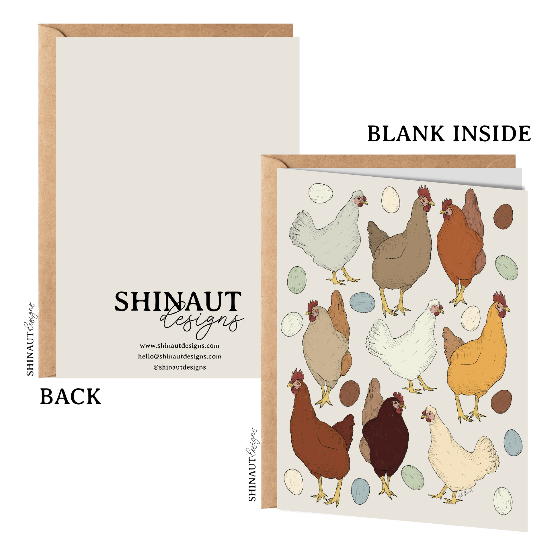 the chicken or the egg greeting card with kraft envelope showing front, inside and back of card