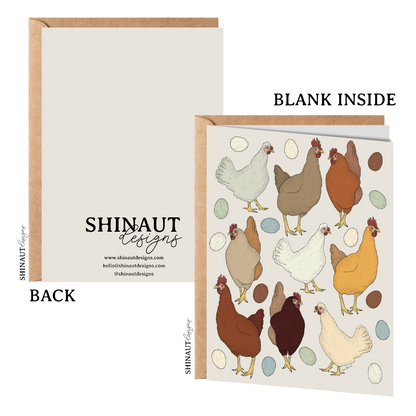 the chicken or the egg greeting card with kraft envelope showing front, inside and back of card