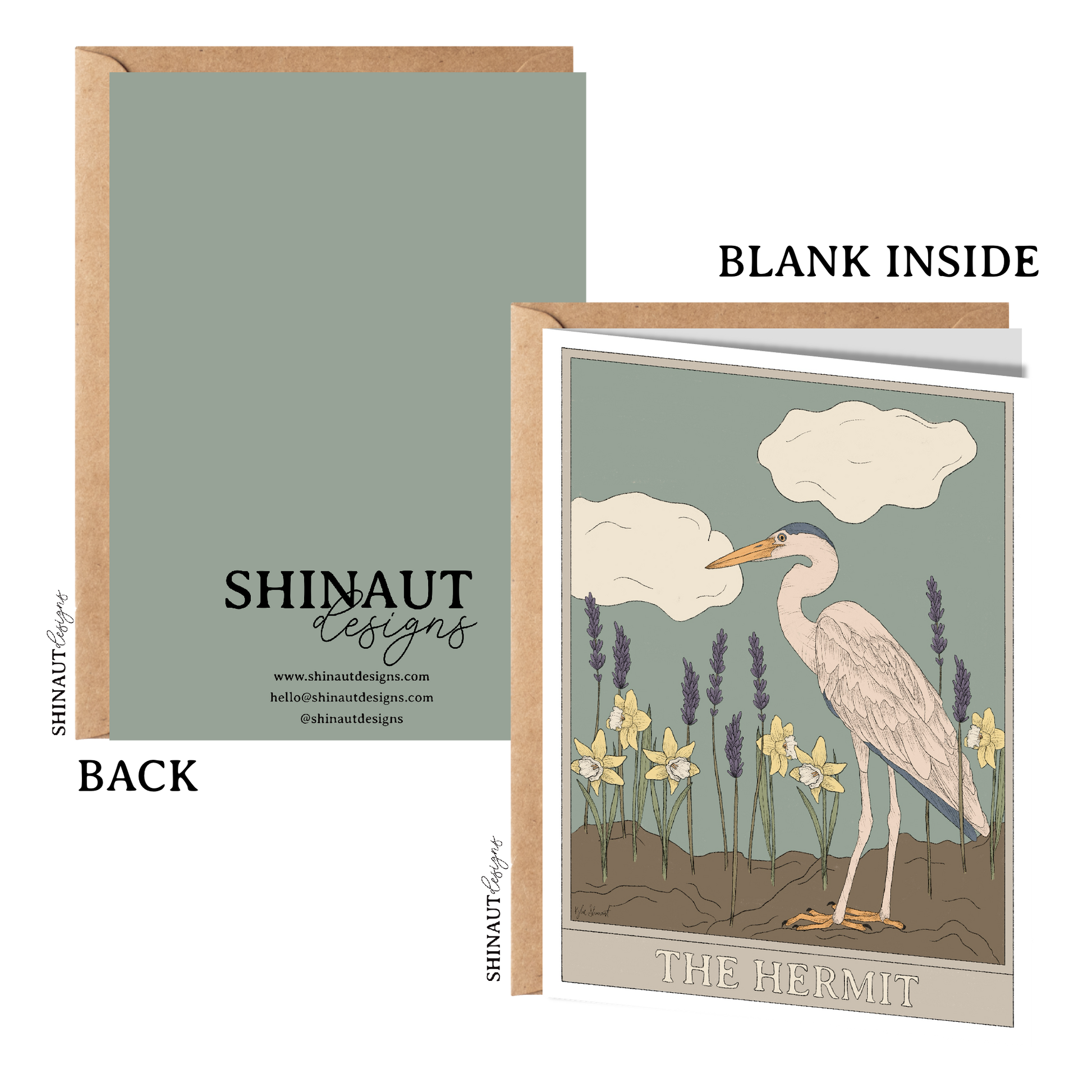 the hermit tarot greeting card with kraft envelope showing front, inside and back of card