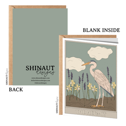 the hermit tarot greeting card with kraft envelope showing front, inside and back of card