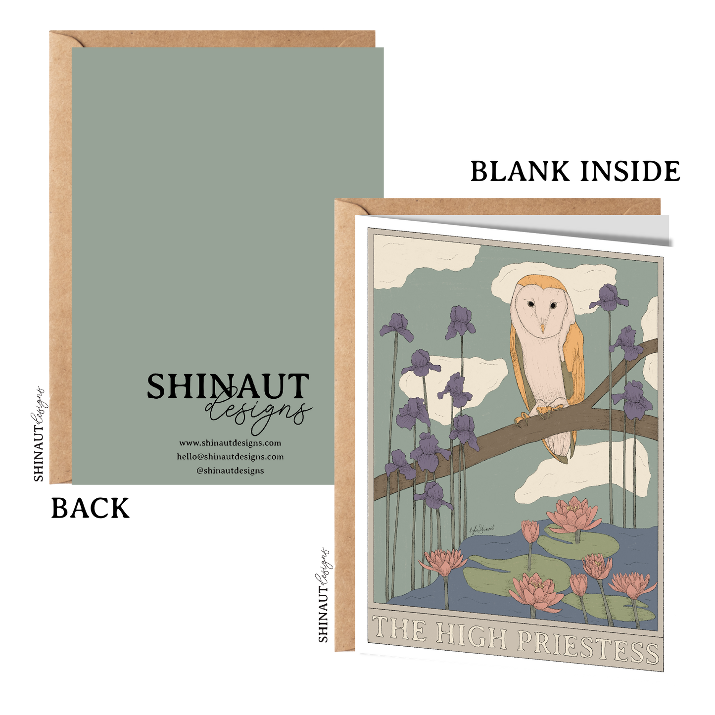 the high priestess tarot greeting card with kraft envelope showing front, inside and back of card