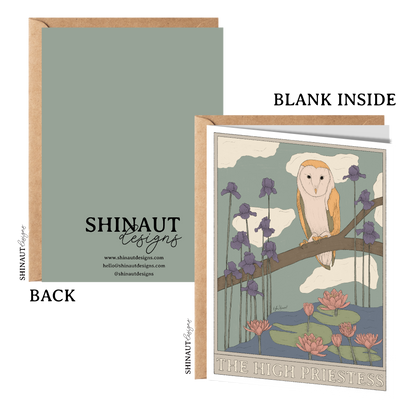 the high priestess tarot greeting card with kraft envelope showing front, inside and back of card