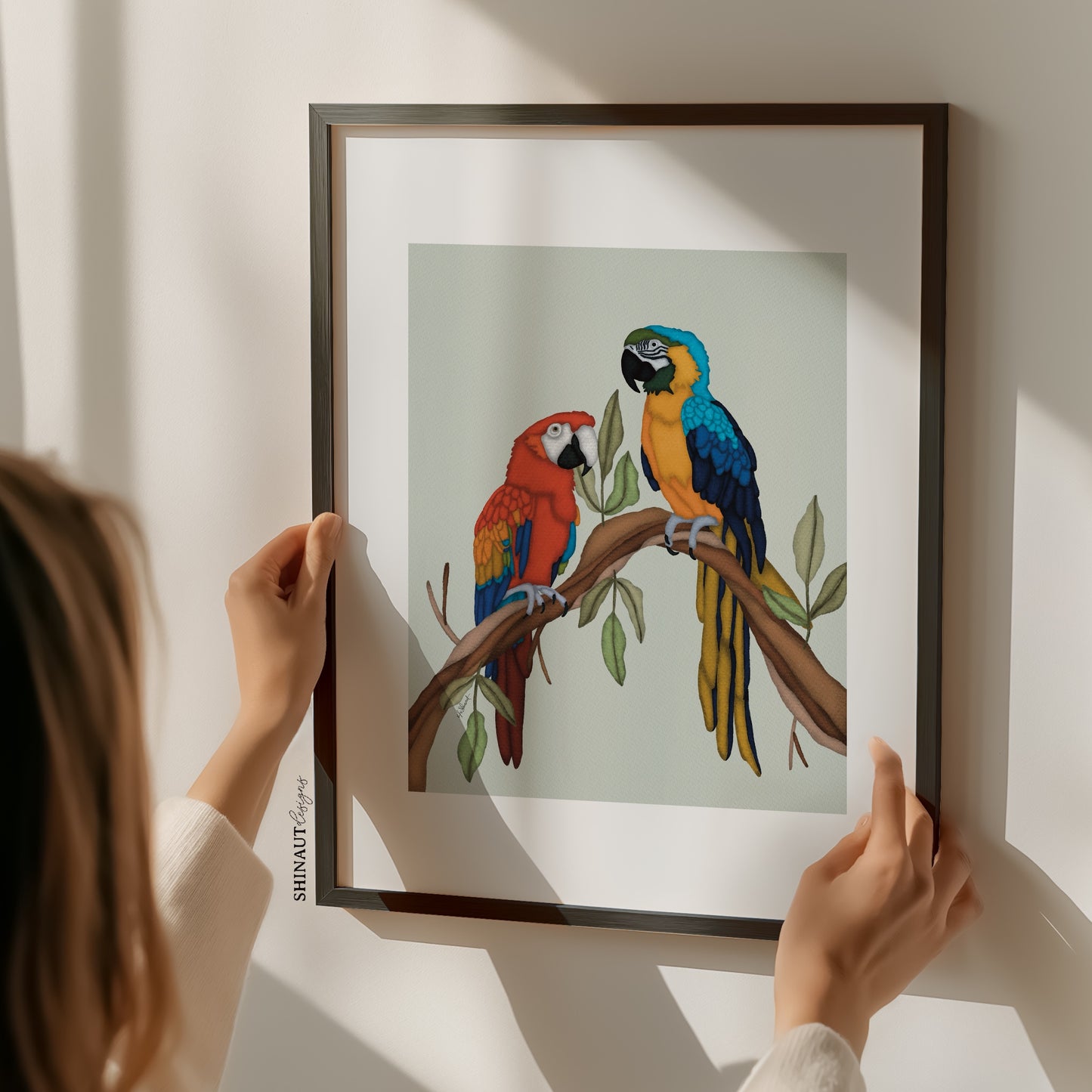 the macaws art print with hands holding frame