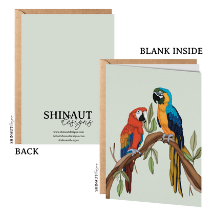 the macaws greeting card with kraft envelope showing front, inside and back of card