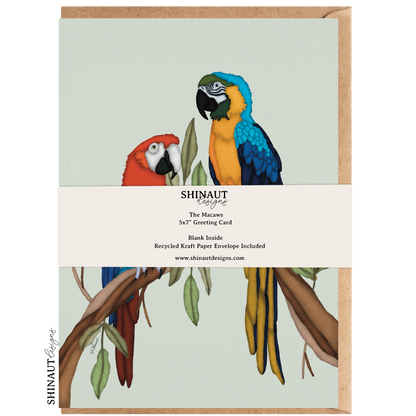 the macaws greeting card packaging