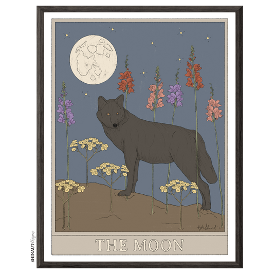 the moon tarot art print in black picture frame