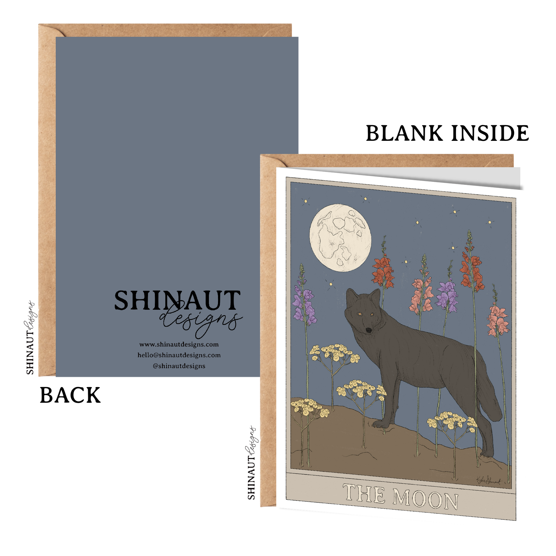 the moon tarot greeting card with kraft envelope showing front, inside and back of card