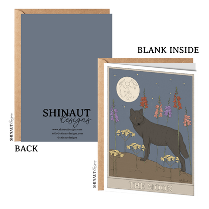 the moon tarot greeting card with kraft envelope showing front, inside and back of card