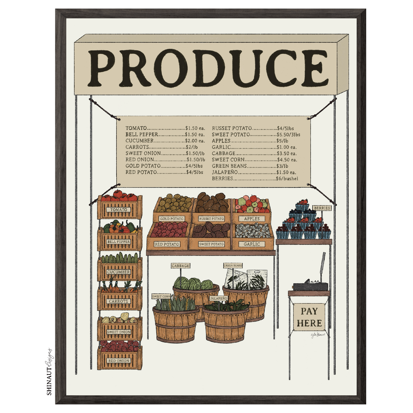 the produce stand art print in black picture frames