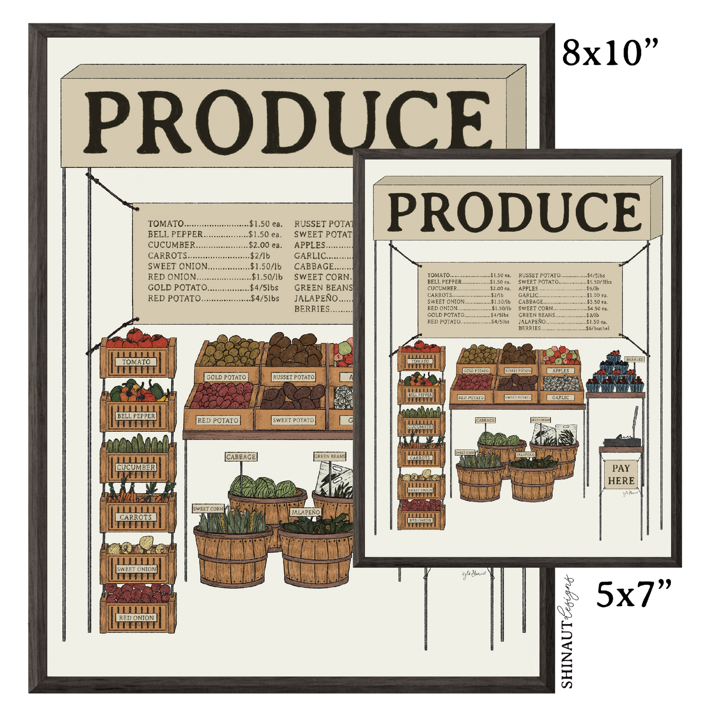 the produce stand art print size comparison in black picture frames