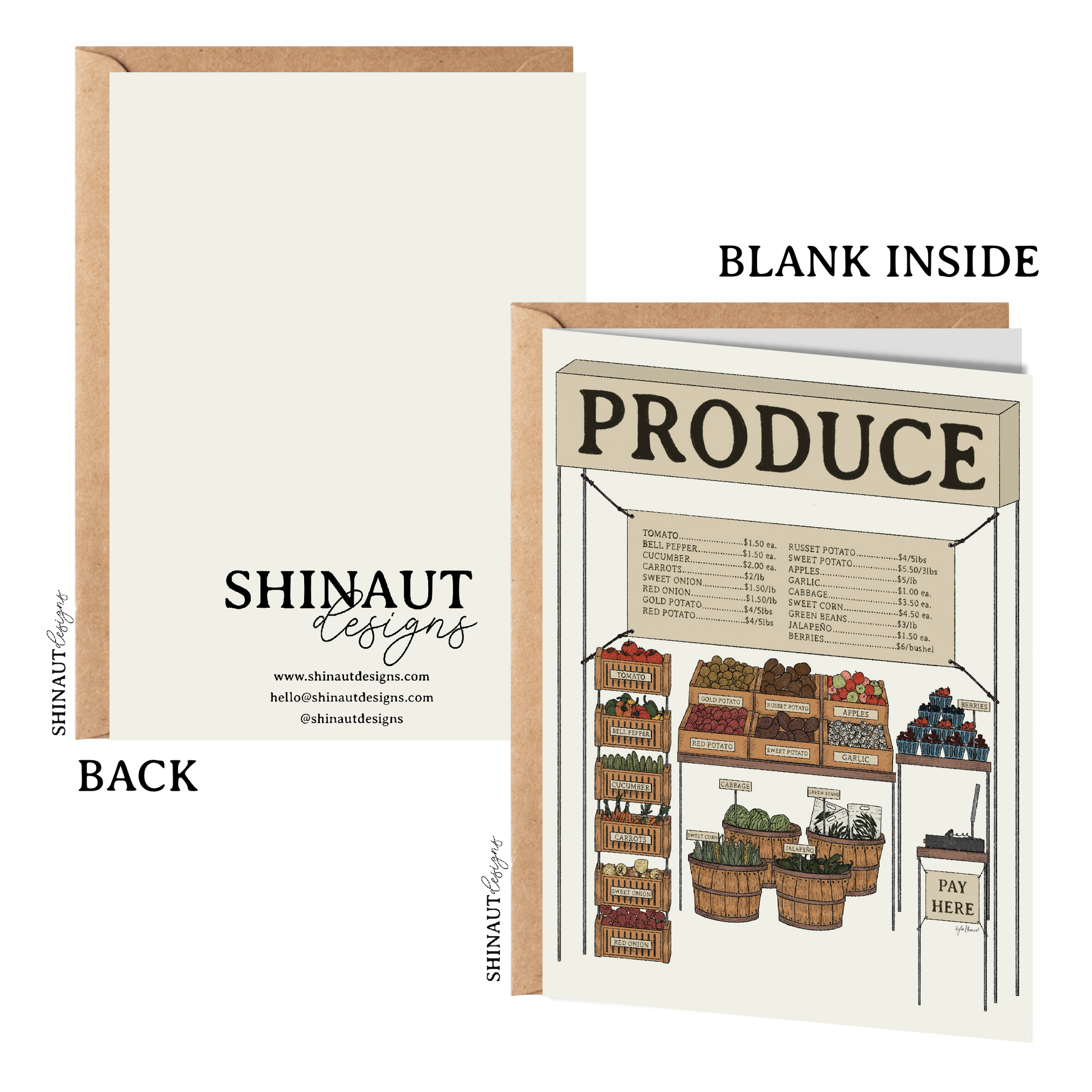 the produce stand greeting card with kraft envelope showing front, inside and back of card