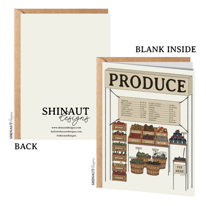 the produce stand greeting card with kraft envelope showing front, inside and back of card