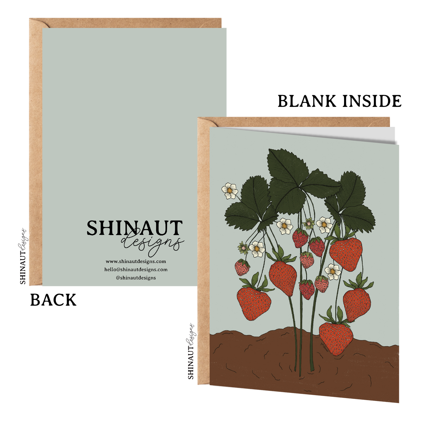 the strawberry plant greeting card with kraft envelope showing front, inside and back of card