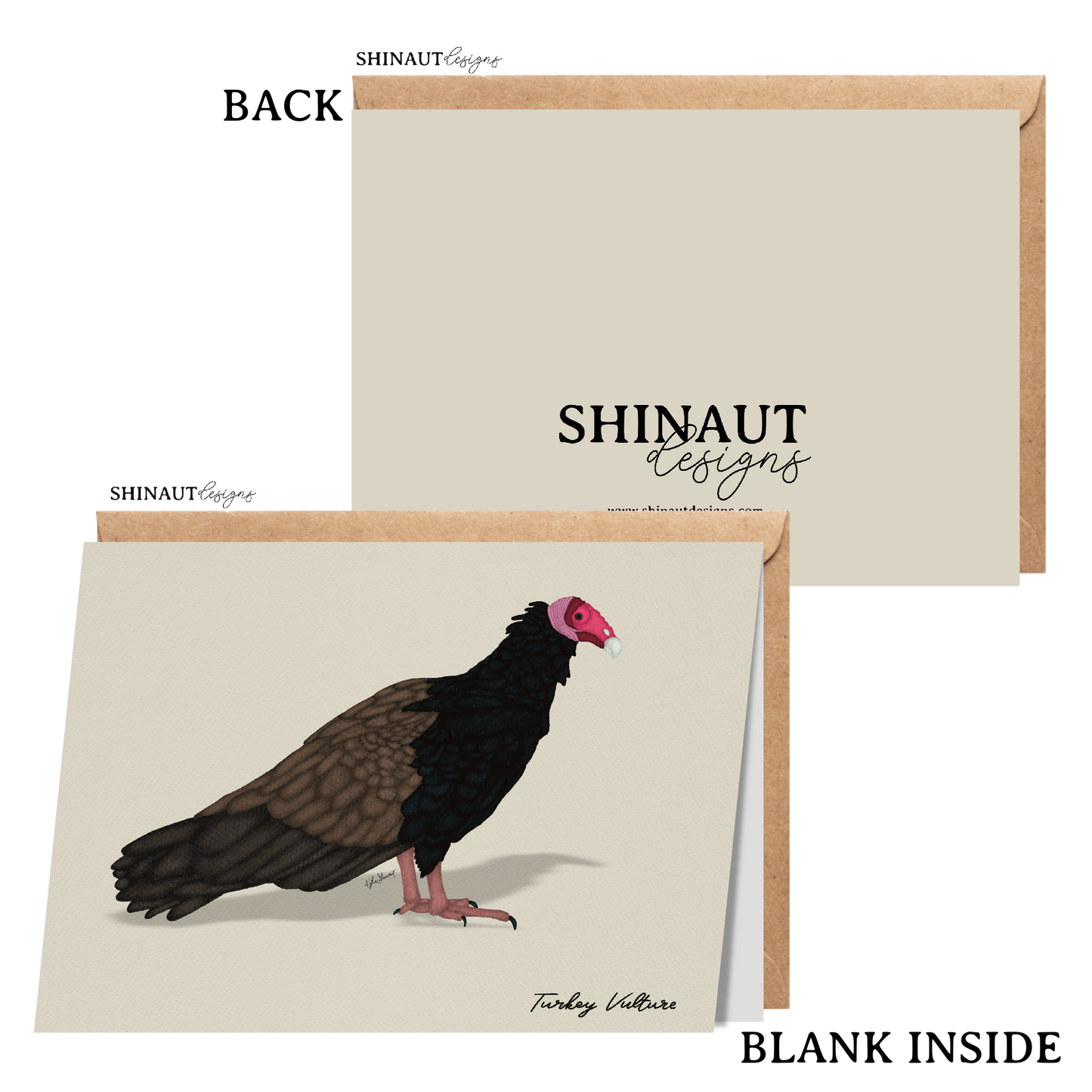 turkey vulture greeting card with kraft envelope showing front, inside and back of card