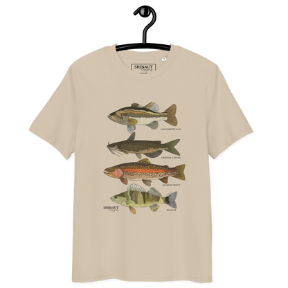 Freshwater Fish Unisex Organic Cotton T-Shirt on hanger front of shirt