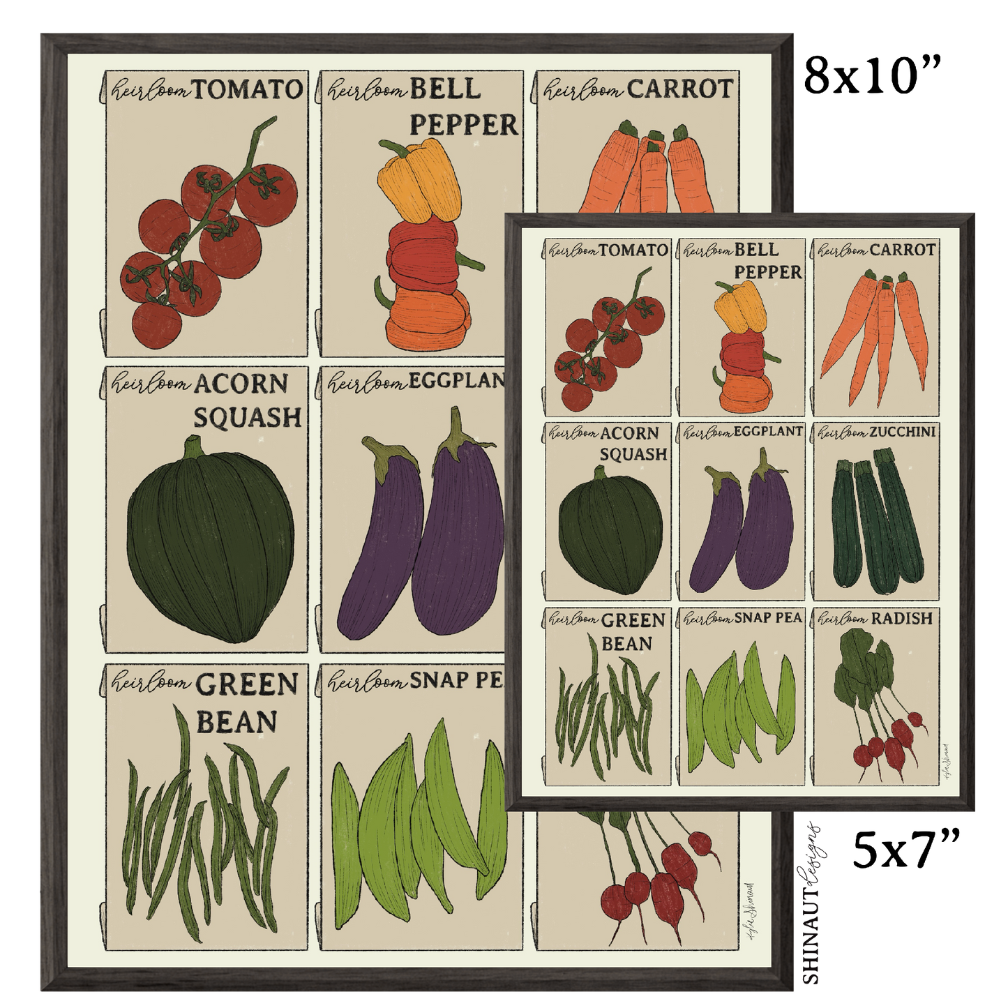 vegetable seed packets art print size comparison in black picture frames