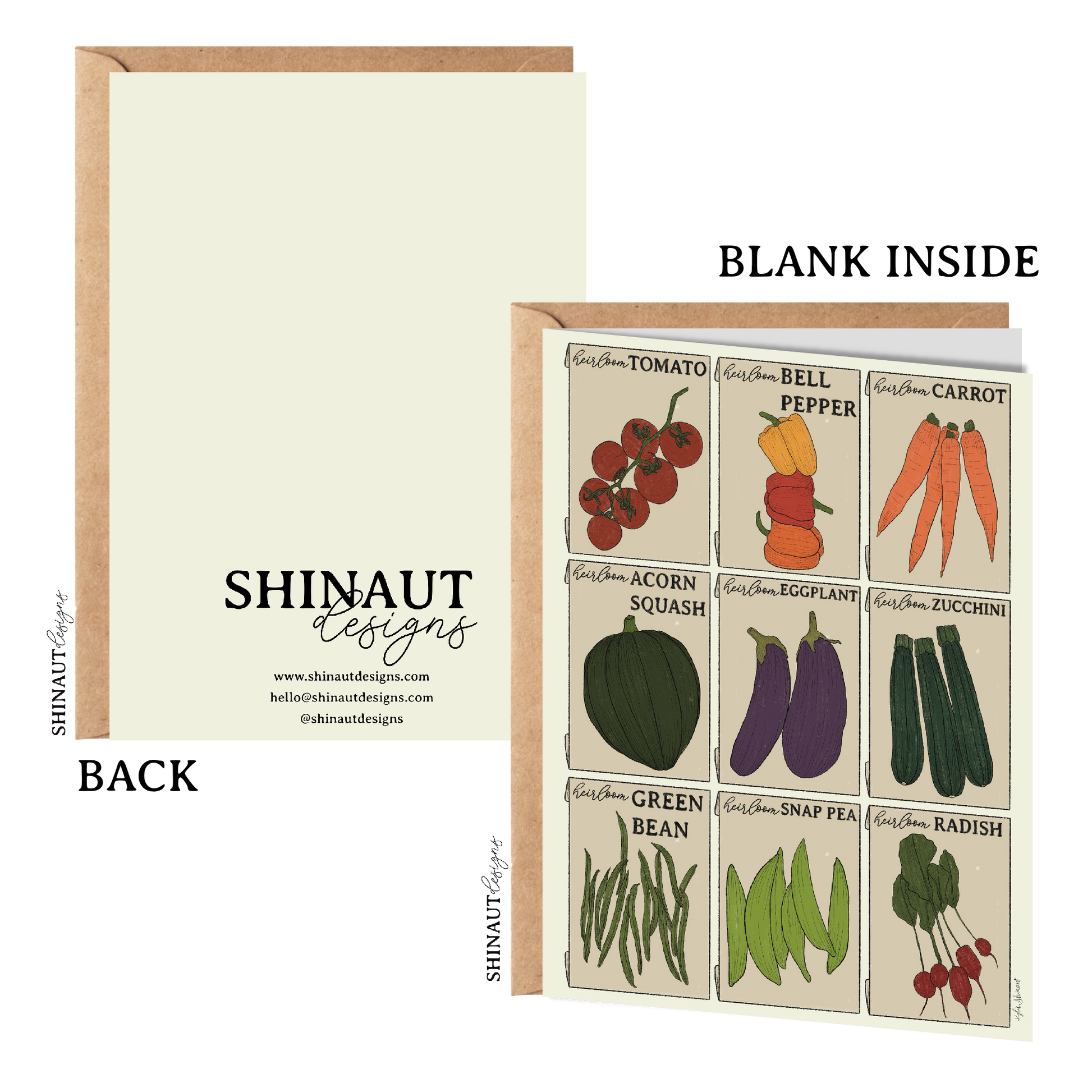 vegetable seed packets greeting card with kraft envelope showing front, inside and back of card