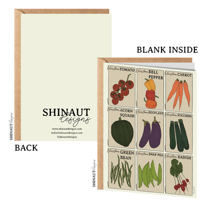 vegetable seed packets greeting card with kraft envelope showing front, inside and back of card