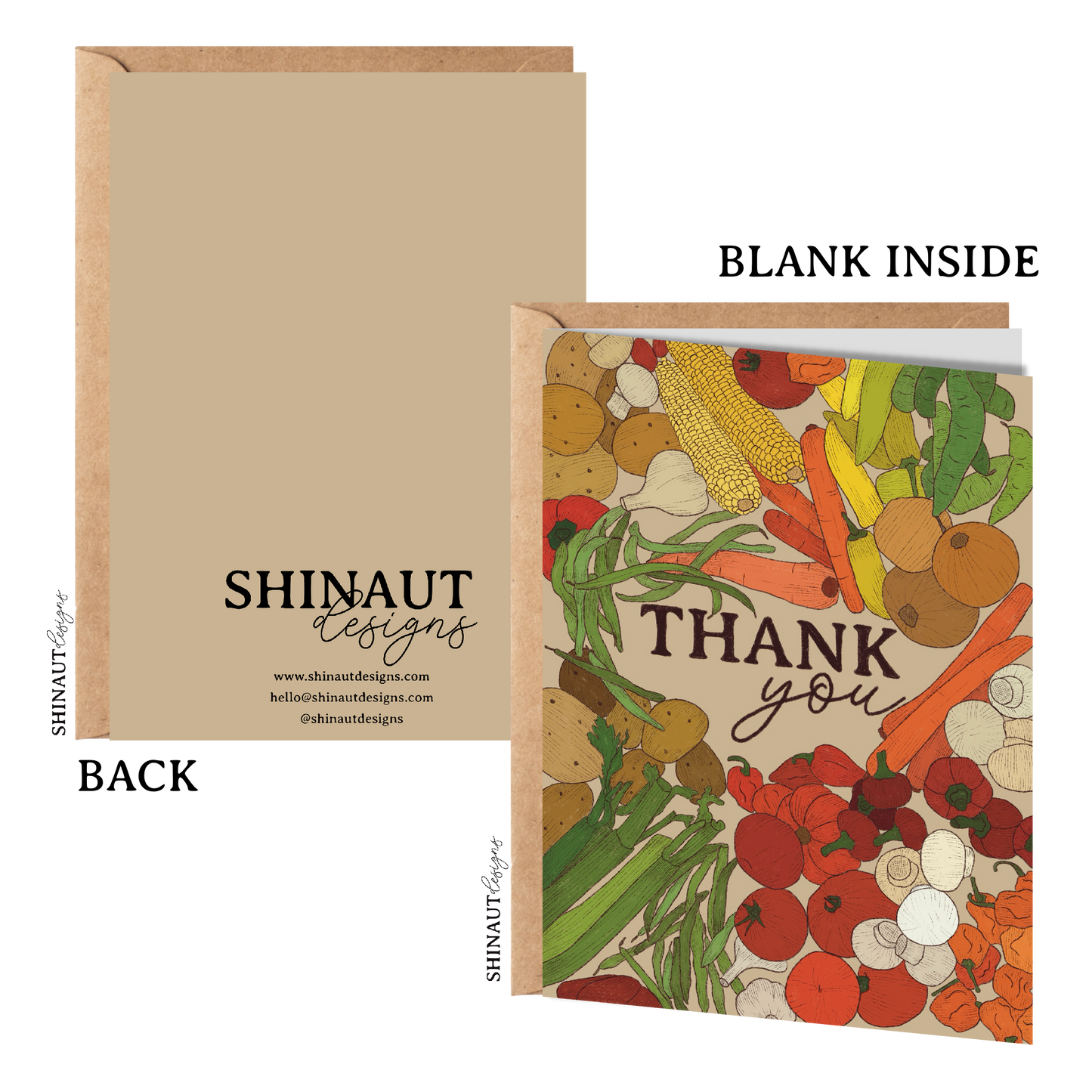 vegetables thank you greeting card with kraft envelope showing front, inside and back of card