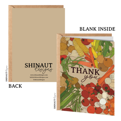 vegetables thank you greeting card with kraft envelope showing front, inside and back of card