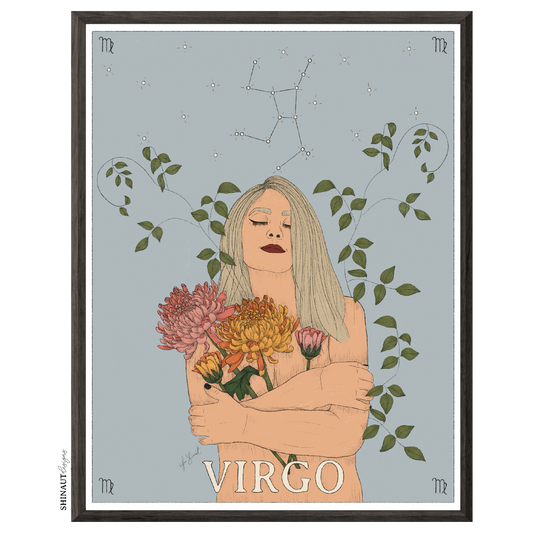 virgo zodiac art print in a black picture frame