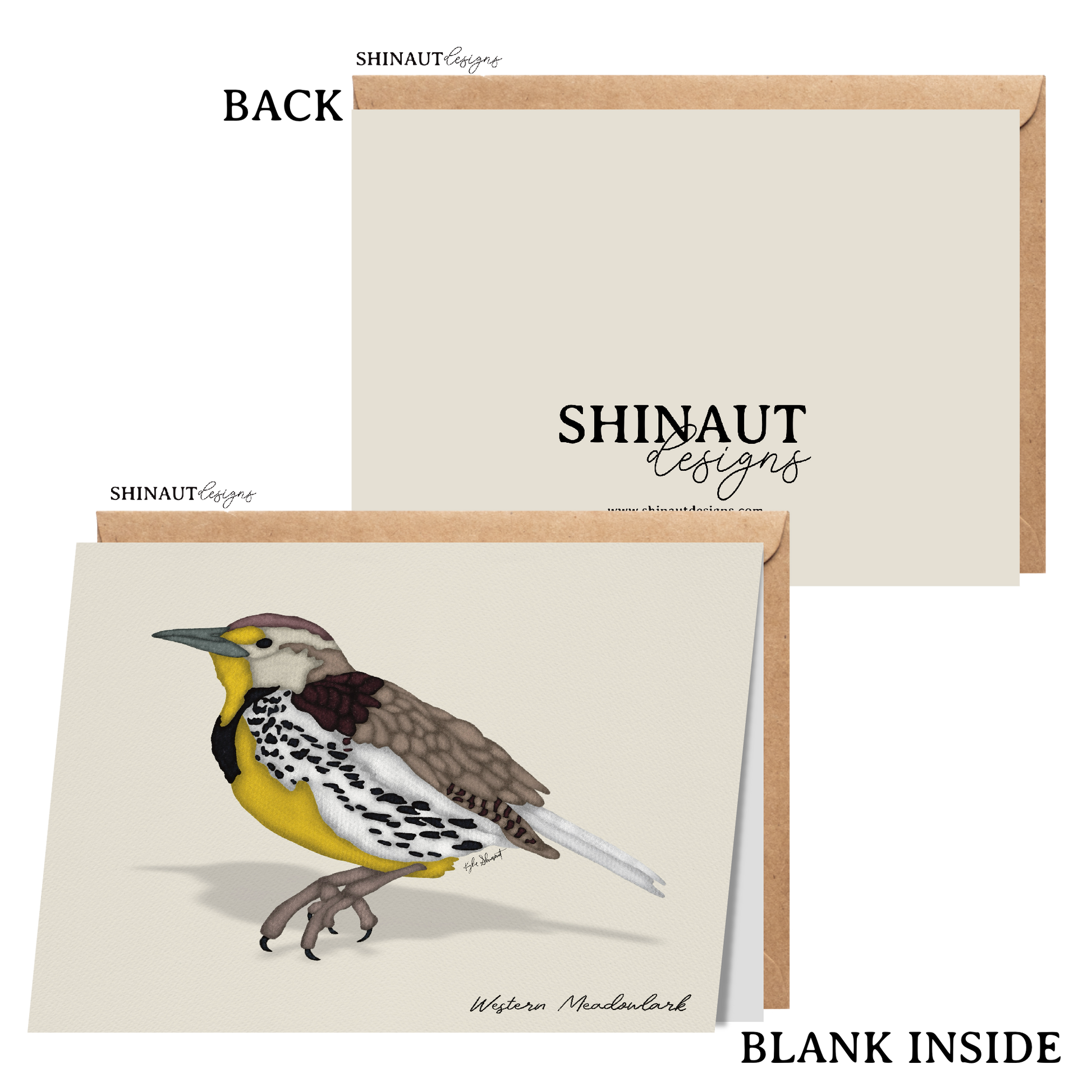 western meadowlark greeting card with kraft envelope showing front, inside and back of card