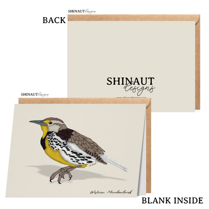 western meadowlark greeting card with kraft envelope showing front, inside and back of card