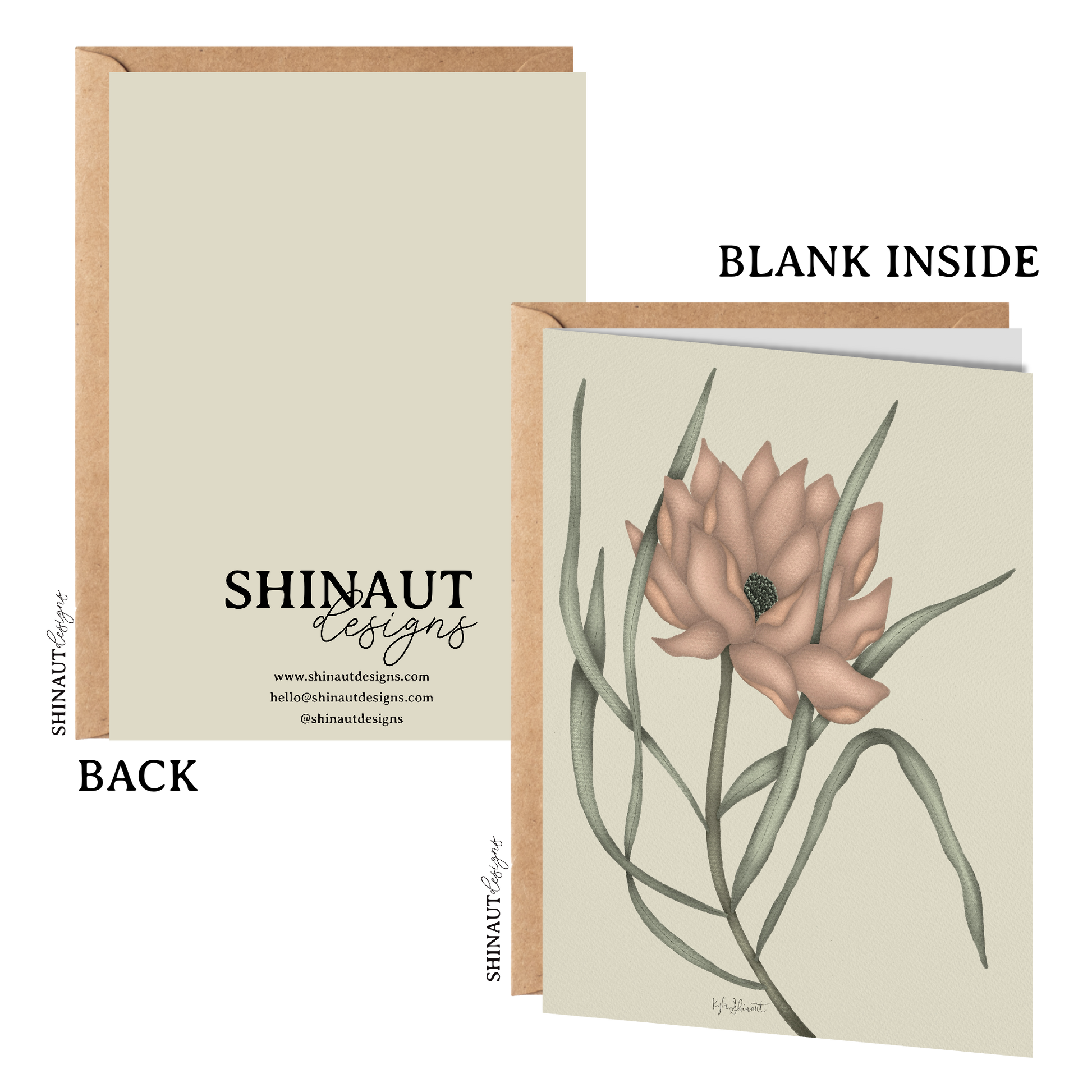 wild bloom greeting card with kraft envelope showing front, inside and back of card