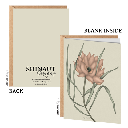 wild bloom greeting card with kraft envelope showing front, inside and back of card