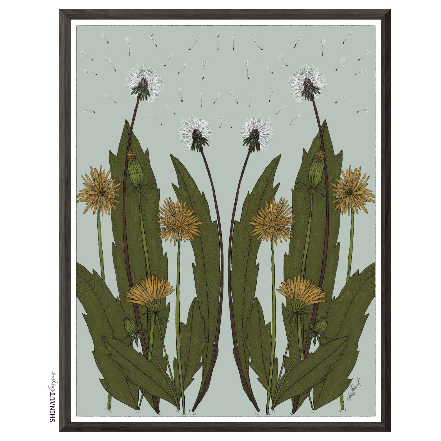 Wild Dandelion Blooms Nouveau Art Print front with black frame