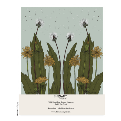 Wild Dandelion Blooms Nouveau Art Print showcasing what the packaging looks like with label