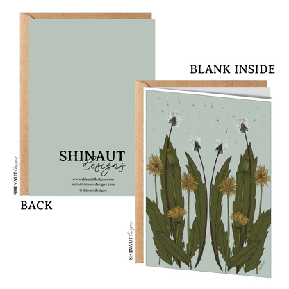 Wild Dandelion Blooms Nouveau Greeting Card front and back of card and showing inside
