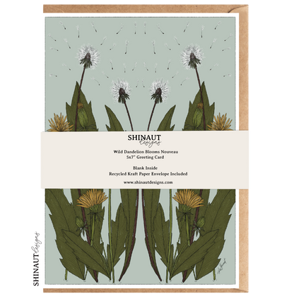 Wild Dandelion Blooms Nouveau Greeting Card showing packaging with label
