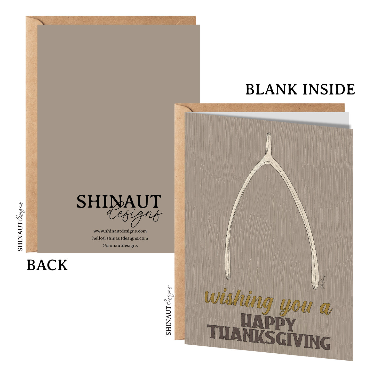 wishbone thanksgiving greeting card with kraft envelope showing front, inside and back of card