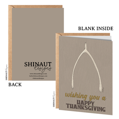 wishbone thanksgiving greeting card with kraft envelope showing front, inside and back of card