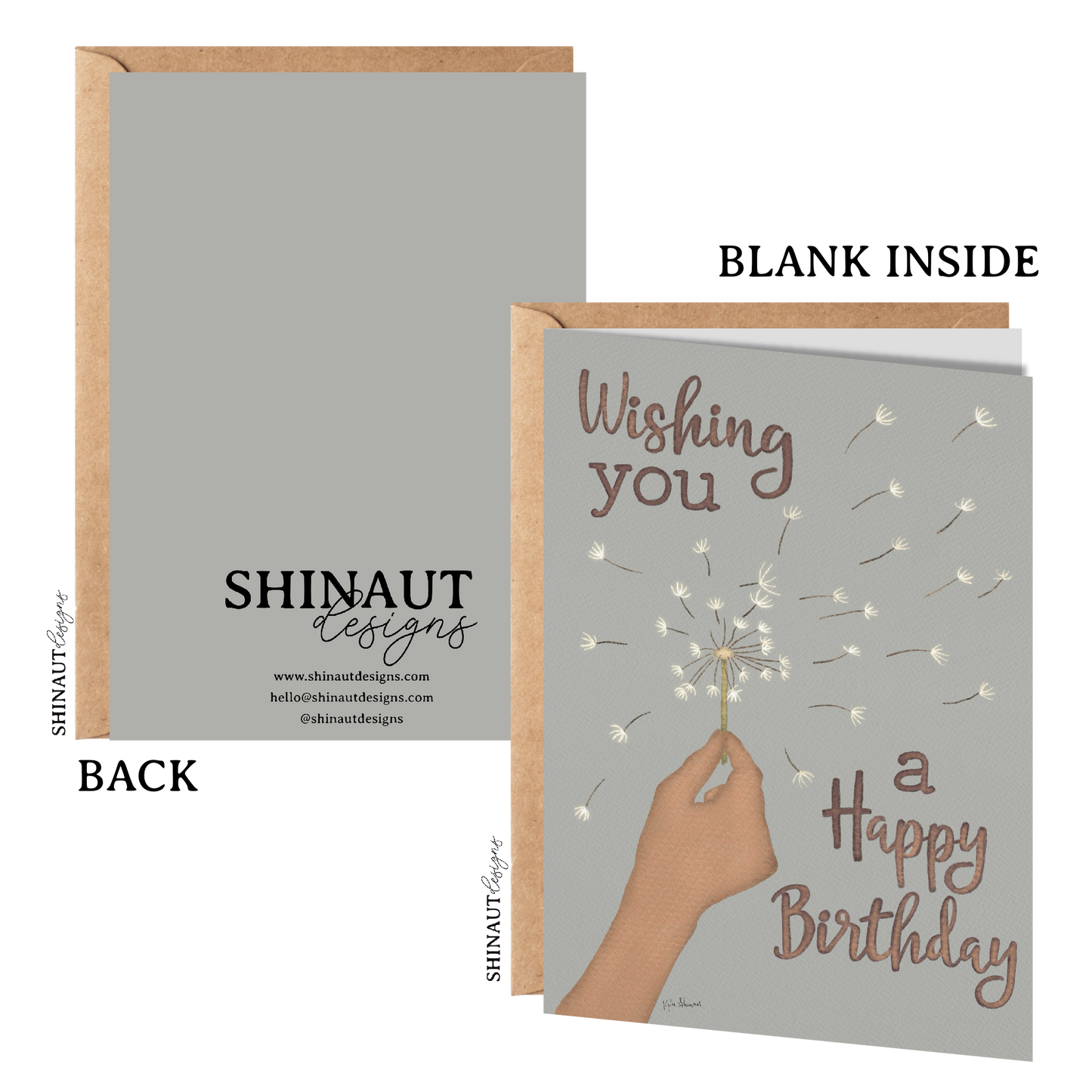 wishing you a happy birthday greeting card with kraft envelope showing front, inside and back of card