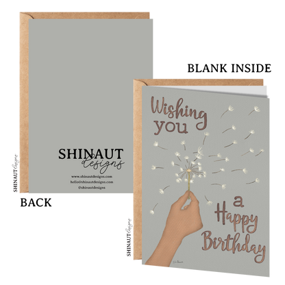 wishing you a happy birthday greeting card with kraft envelope showing front, inside and back of card