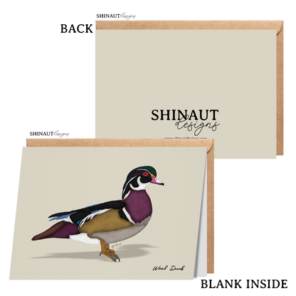 wood duck greeting card with kraft envelope showing front, inside and back of card