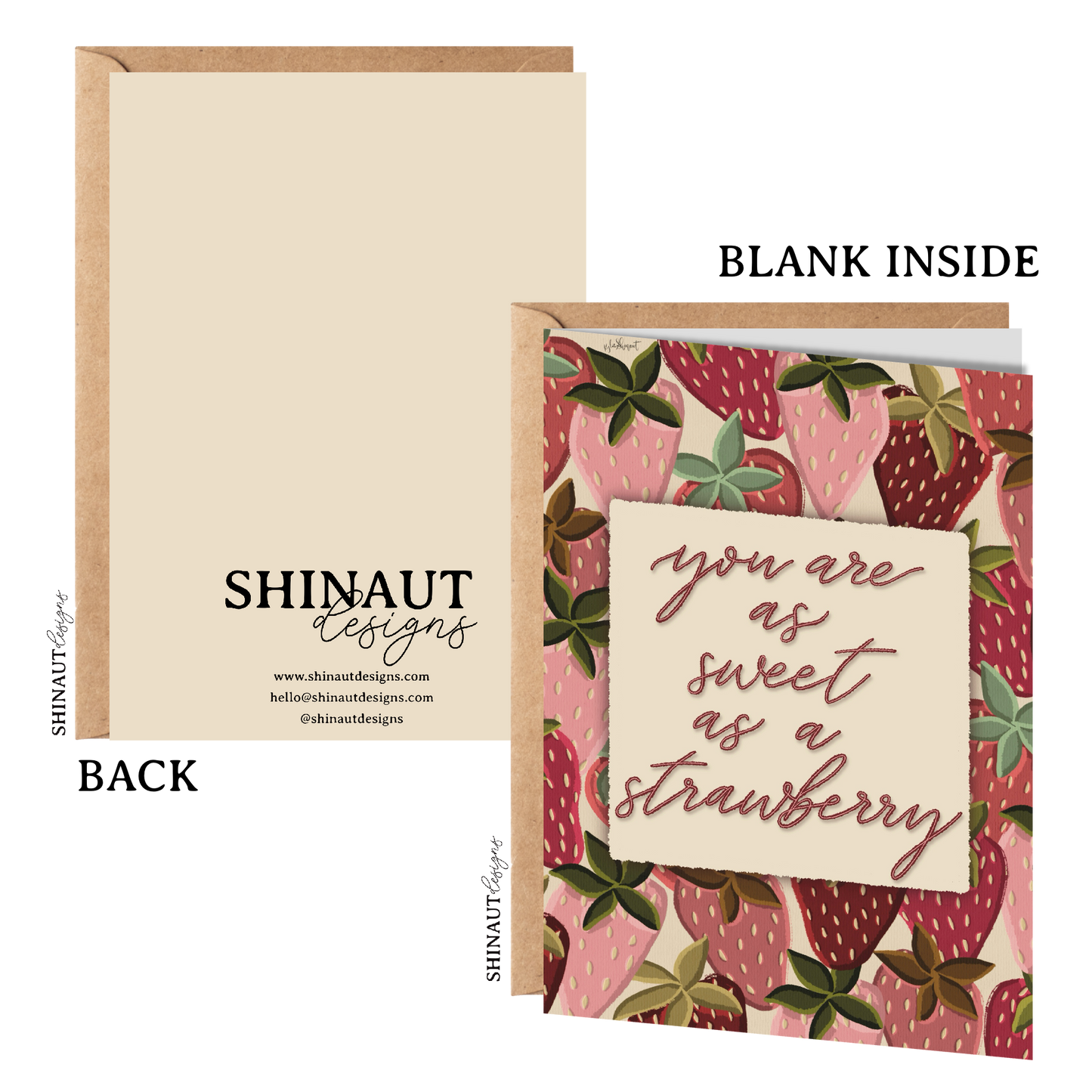 you are as sweet as a strawberry greeting card with kraft envelope showing front, inside and back of card