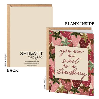 you are as sweet as a strawberry greeting card with kraft envelope showing front, inside and back of card