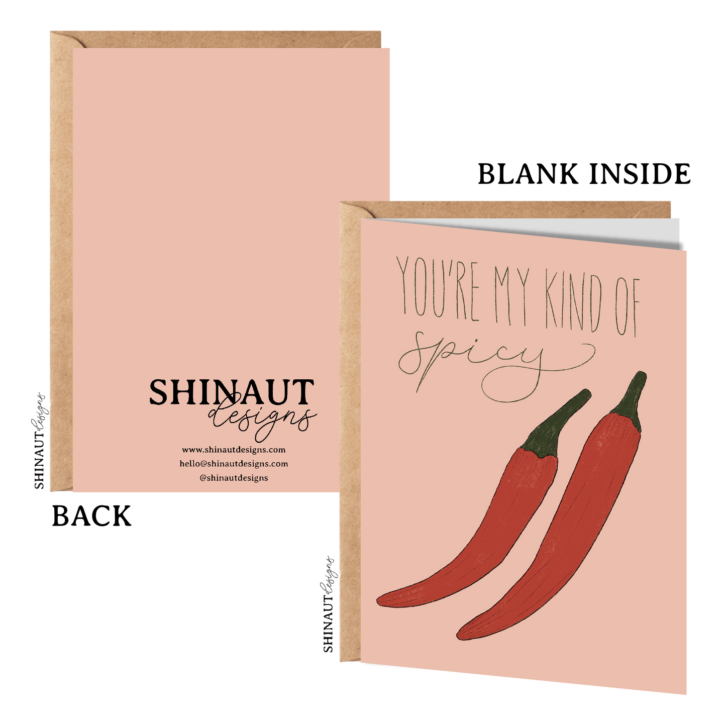 you're my kind of spicy pepper greeting card with kraft envelope showing front, inside and back of card