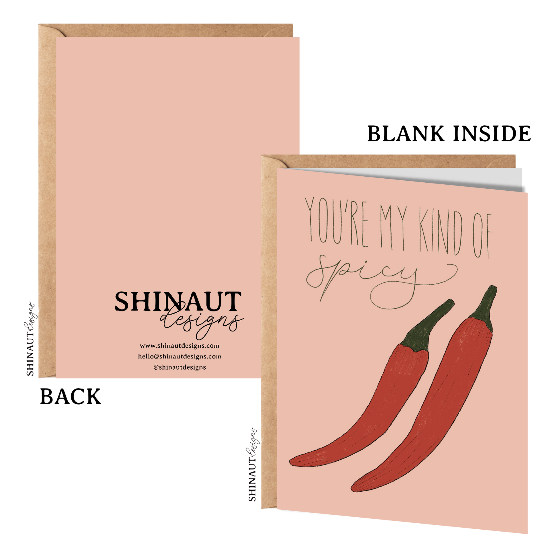 you're my kind of spicy pepper greeting card with kraft envelope showing front, inside and back of card